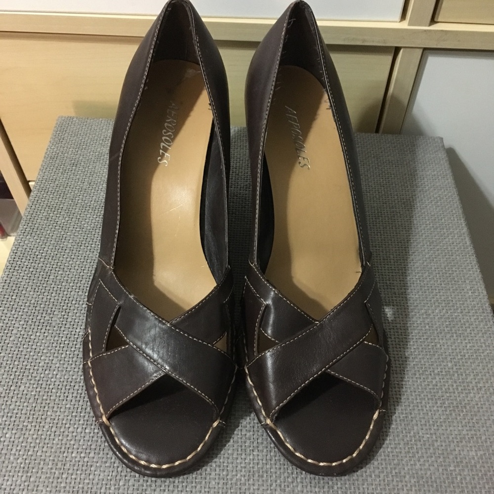 Aerosols Brown Open Toe Wedges